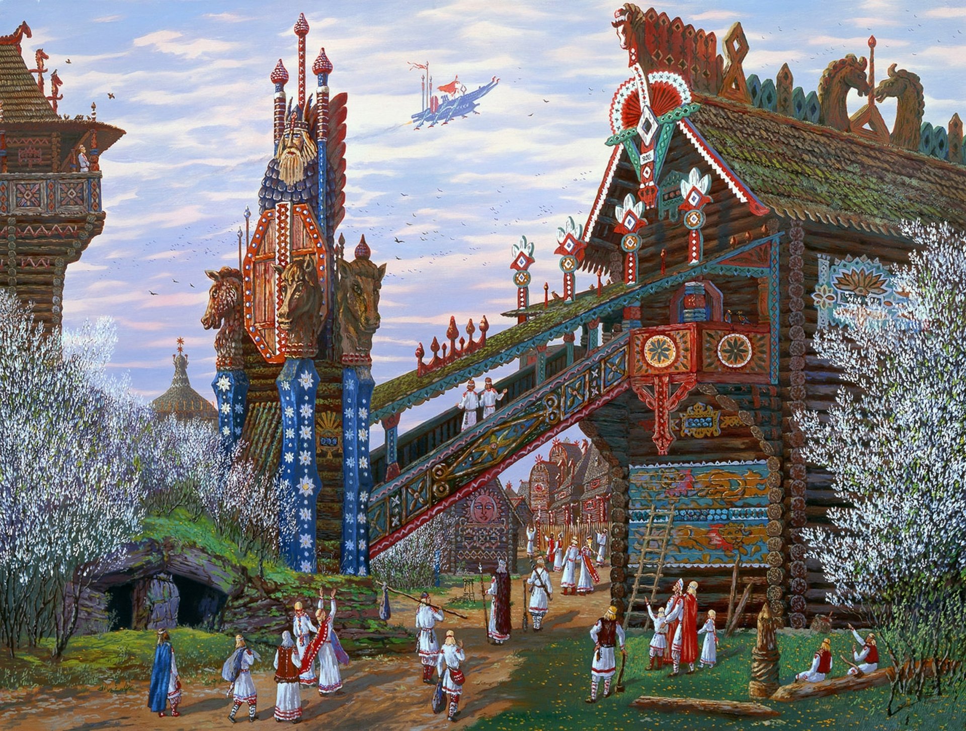 prince rus est arrivé au printemps vsevolod ivanov slave peinture maisons en rondins printemps floraison étrange char céleste ancien grêle russe architecture en bois