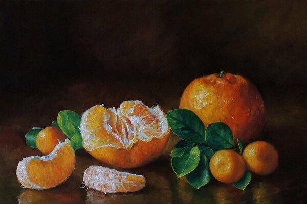 Peinture avec des mandarines couché sur la table