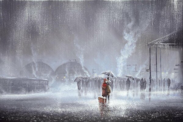 En una imagen de Jeff Rowland, dos se besan bajo la lluvia