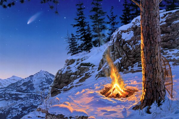 Painting bonfire in the night winter forest