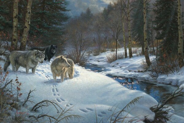 Pintura escénica en un bosque nevado y una manada de lobos