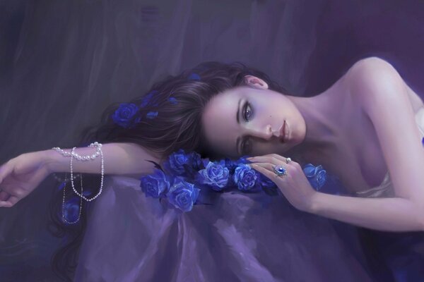 Chica triste con flores azules