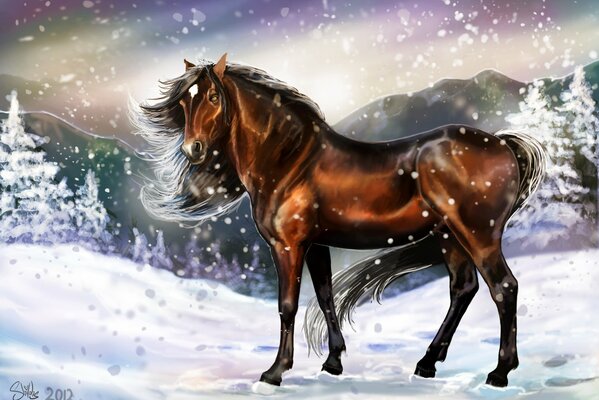 Cheval de dessin debout sur la neige