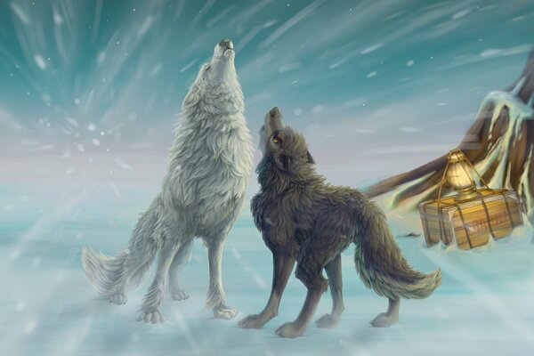 Wolves howl in a snowstorm in winter