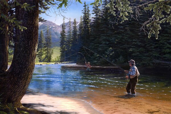 A married couple is fishing in the forest