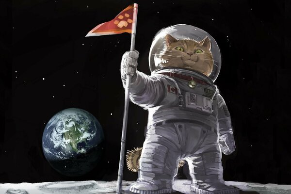 Cosmonaut cat with a flag in space on the background of planet earth