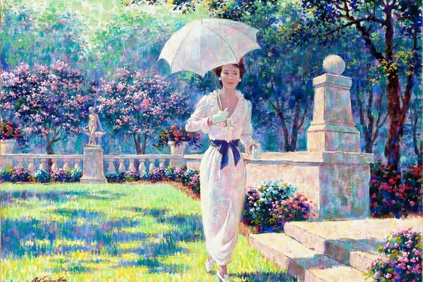 Femme en robe blanche avec parapluie