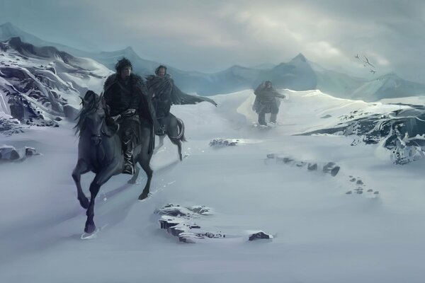 Neige, steppe, cavaliers sur des chevaux de corbeau, Blizzard