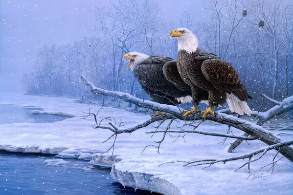 Painting art winter, river, sagebrush eagles on a tree