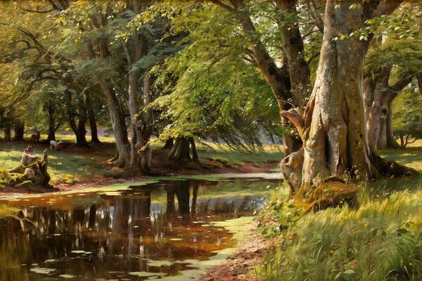 Pintura paisaje bosque y río