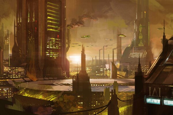 Fantasy. Sunset in the city of the future