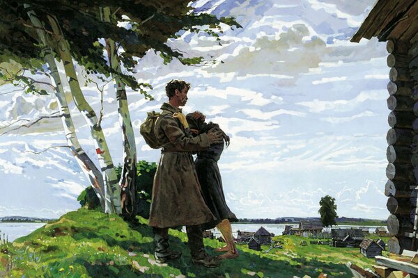 Painting art painting soldier returned home woman hugs crying