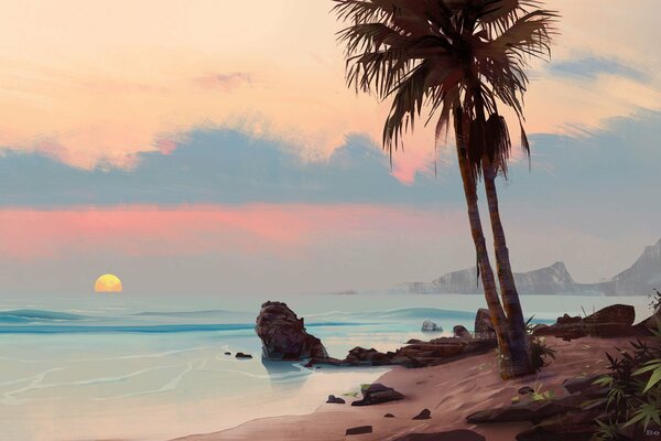 Palm trees on the background of sunset