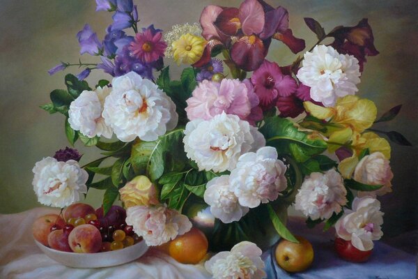 Still life of fresh flowers and fruits