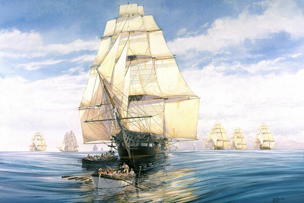 Pacifique avec des navires. Artiste Tom Freeman