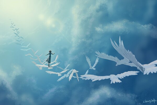 A girl walking into the sky on a road of flying birds