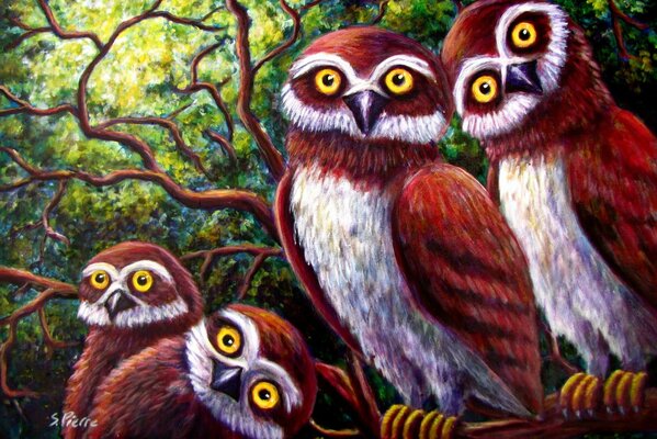 Owls sit on the branches of trees in the forest art