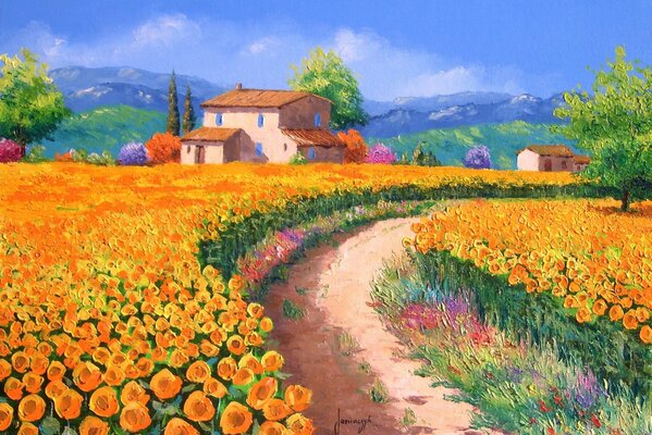 Pintura del campo de las flores anaranjadas con la casa