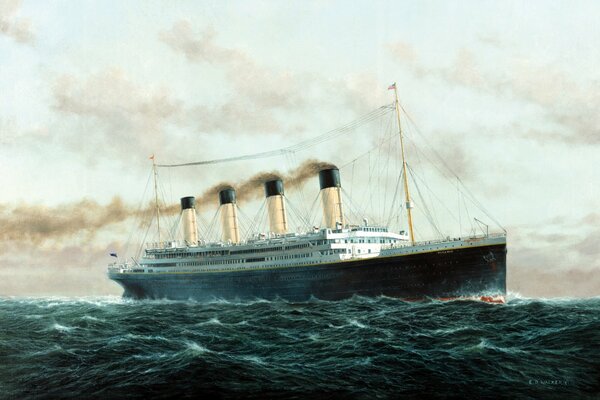 A passenger ship plows the expanses of the sea