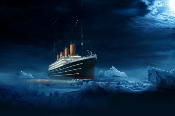 Titanic sailing at night straight to the iceberg