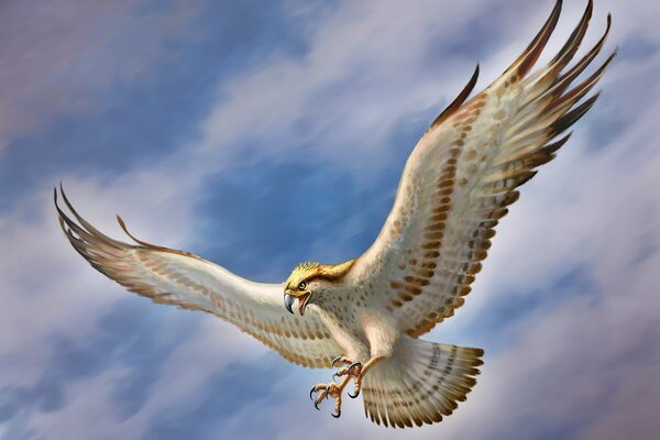 The falcon is hovering in the sky with its wings spread wide