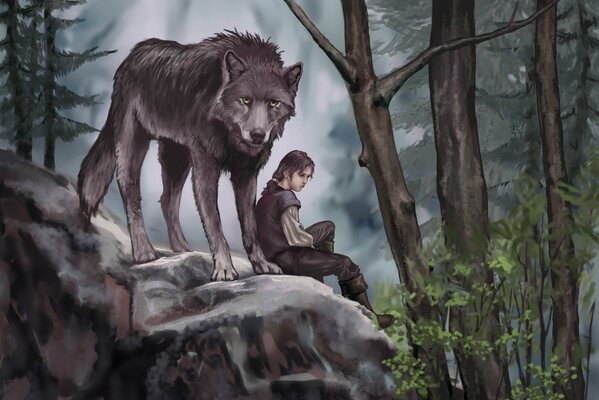 Painting, painting wolf forest boy