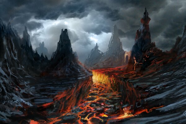 Gloomy art: Volcano and lava