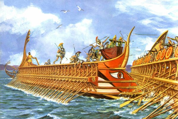 The battle of the Greeks and Persians on boats in the Aegean Sea