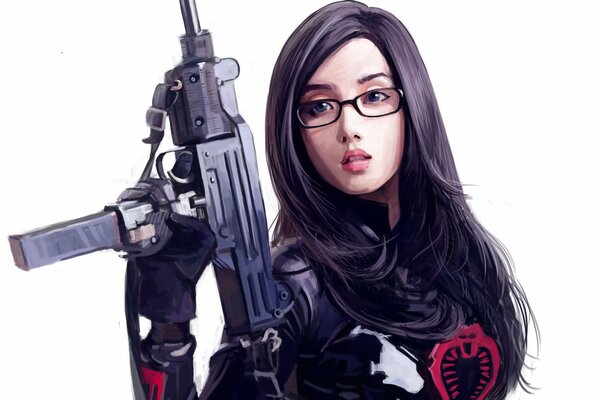 A girl with glasses with a gun in her hand