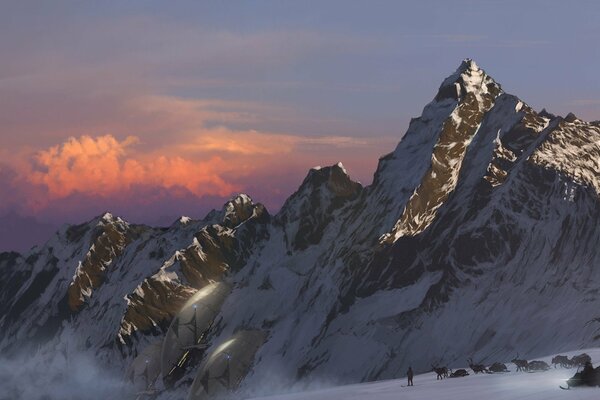 Harnais avec des cerfs dans les montagnes. Beaucoup de neige