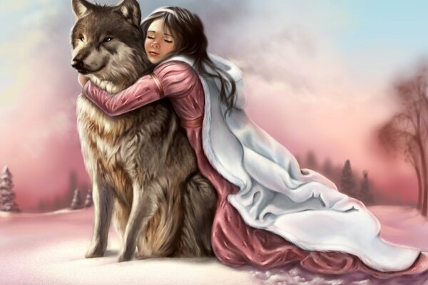 Art of a girl hugging a wolf