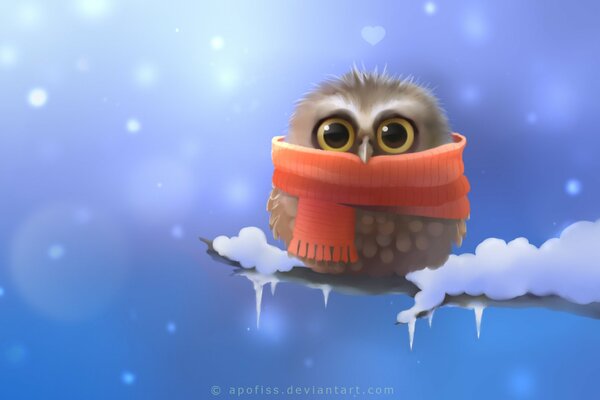 Owl on a branch with snow in a red scarf