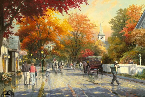 Painting. A small town in autumn