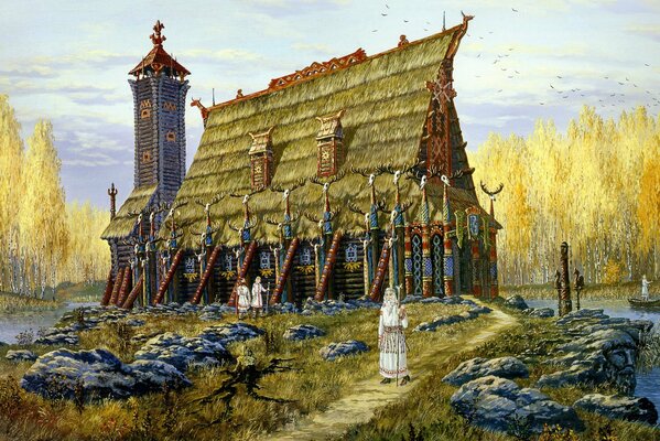 Pintura eslava sobre temas del folclore ruso. antiguo templo de hors