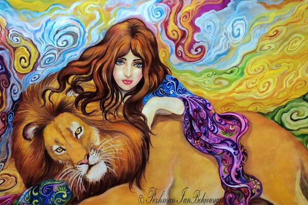 Art peinture abstraite fille et animal