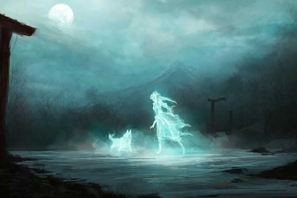 Fantastic girl and ghost wolf