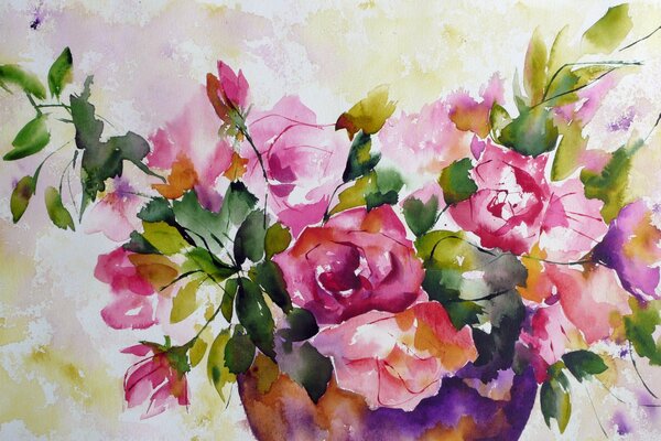 Aquarellmalerei in Rosa und Grüntönen