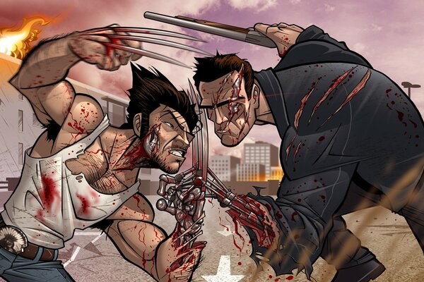 Wolverine tiene miedo con Terminator en el fondo de la ciudad de arte