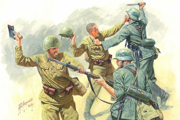 Fighting soldiers in green uniforms on a gray spotted background