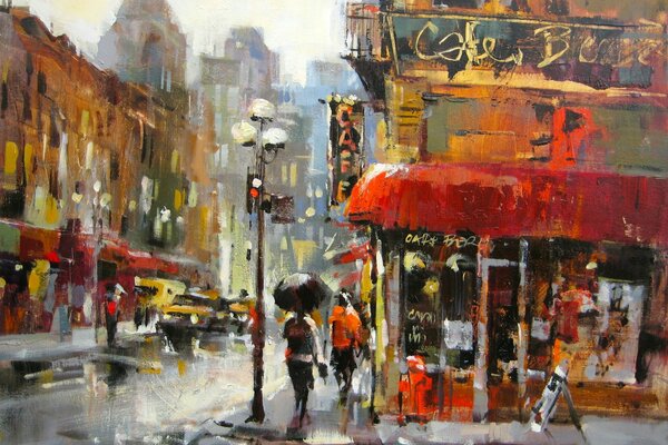 City street rain, house lights, cityscape painting