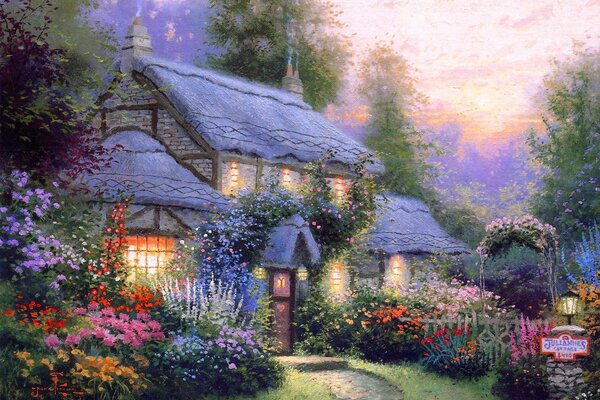 Pintura de Thomas Kincaid una casa en el bosque