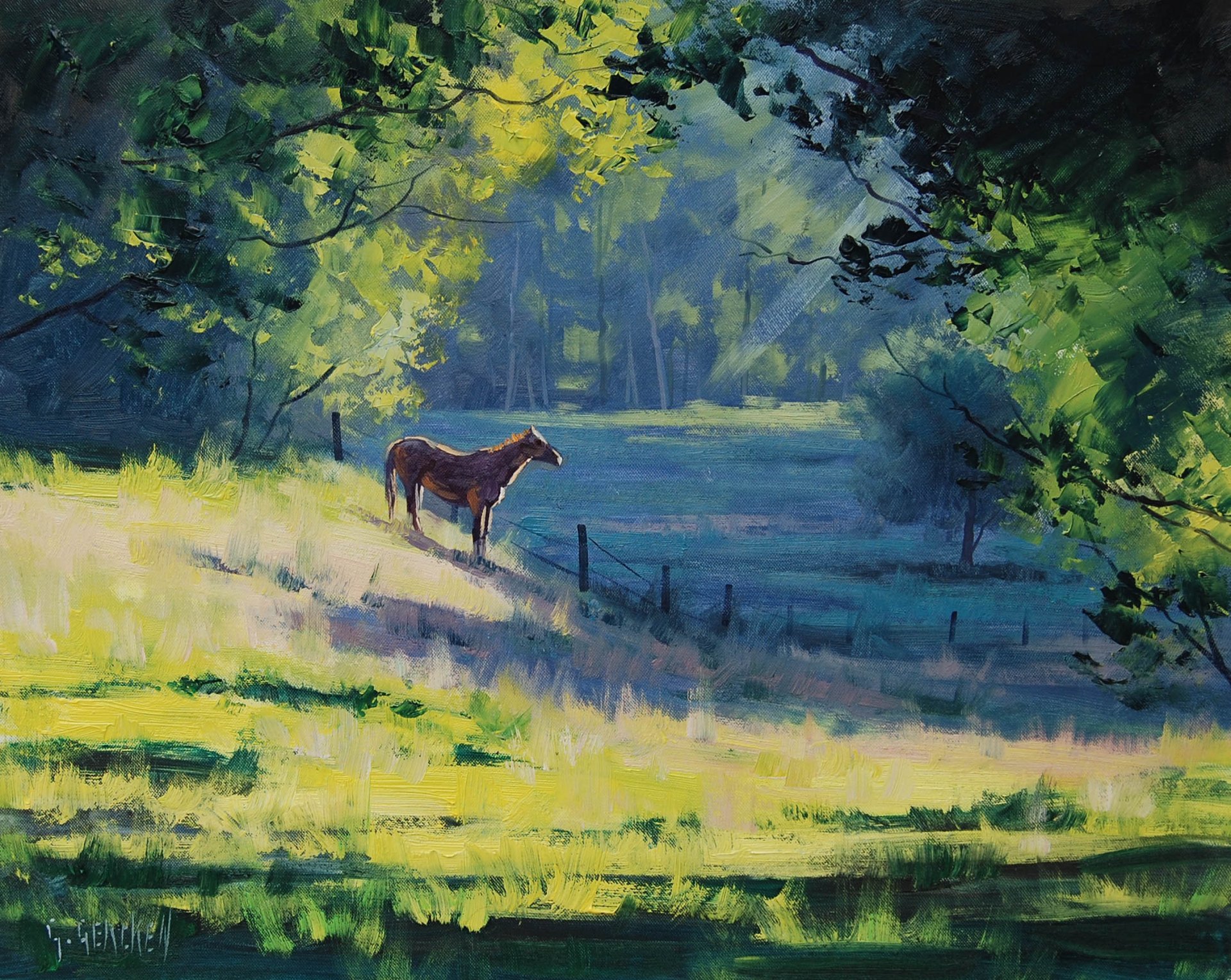 art artsaus landscape horse horse trees greenery fence morning