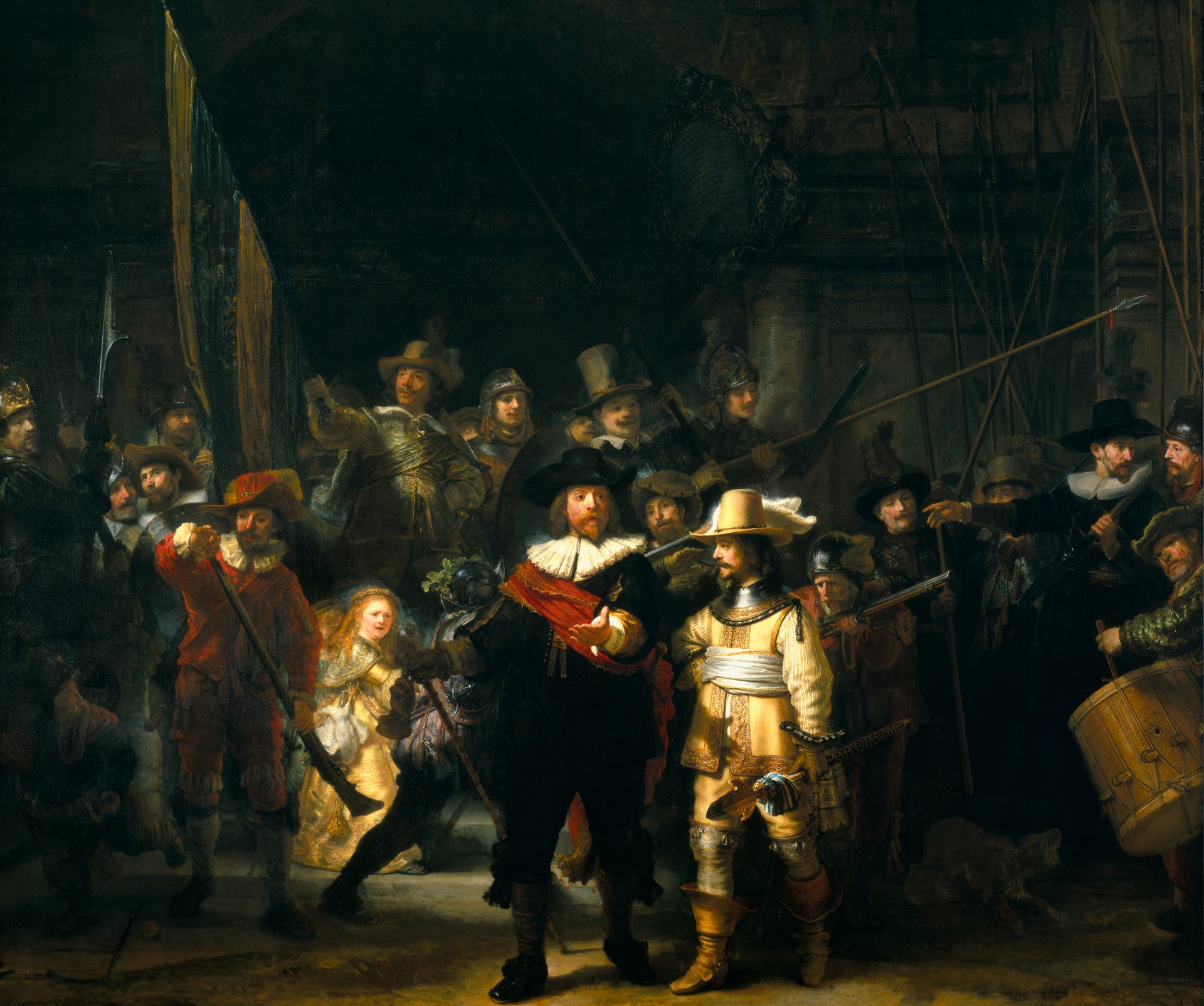 arte nachtwacht pintura guardia de la noche rembrandt harmens van rijn gente soldados mujer multitud pueblo armas escopetas tambores picos pandemonium