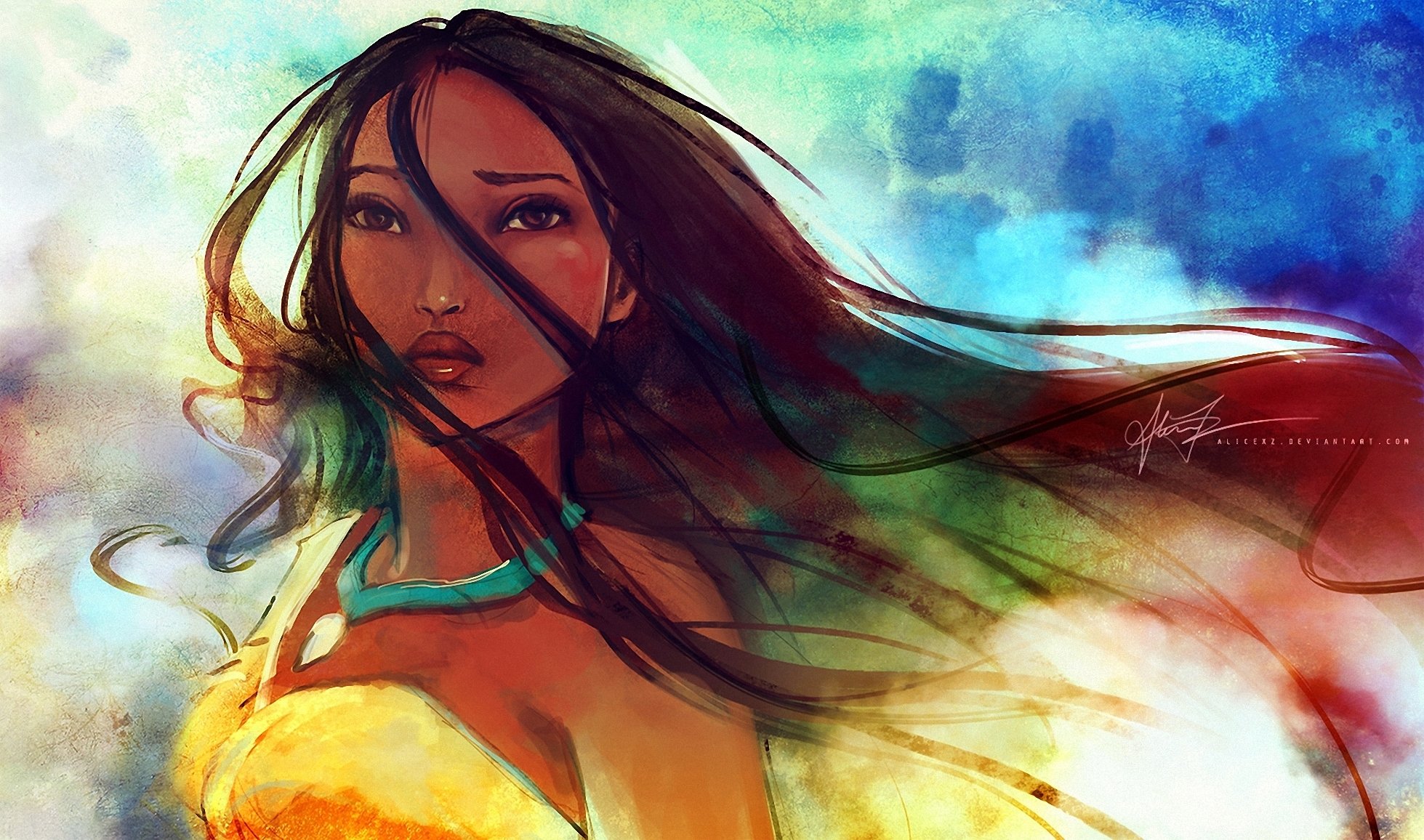 pocahontas. mirada chica hebras viento medallón orgullo