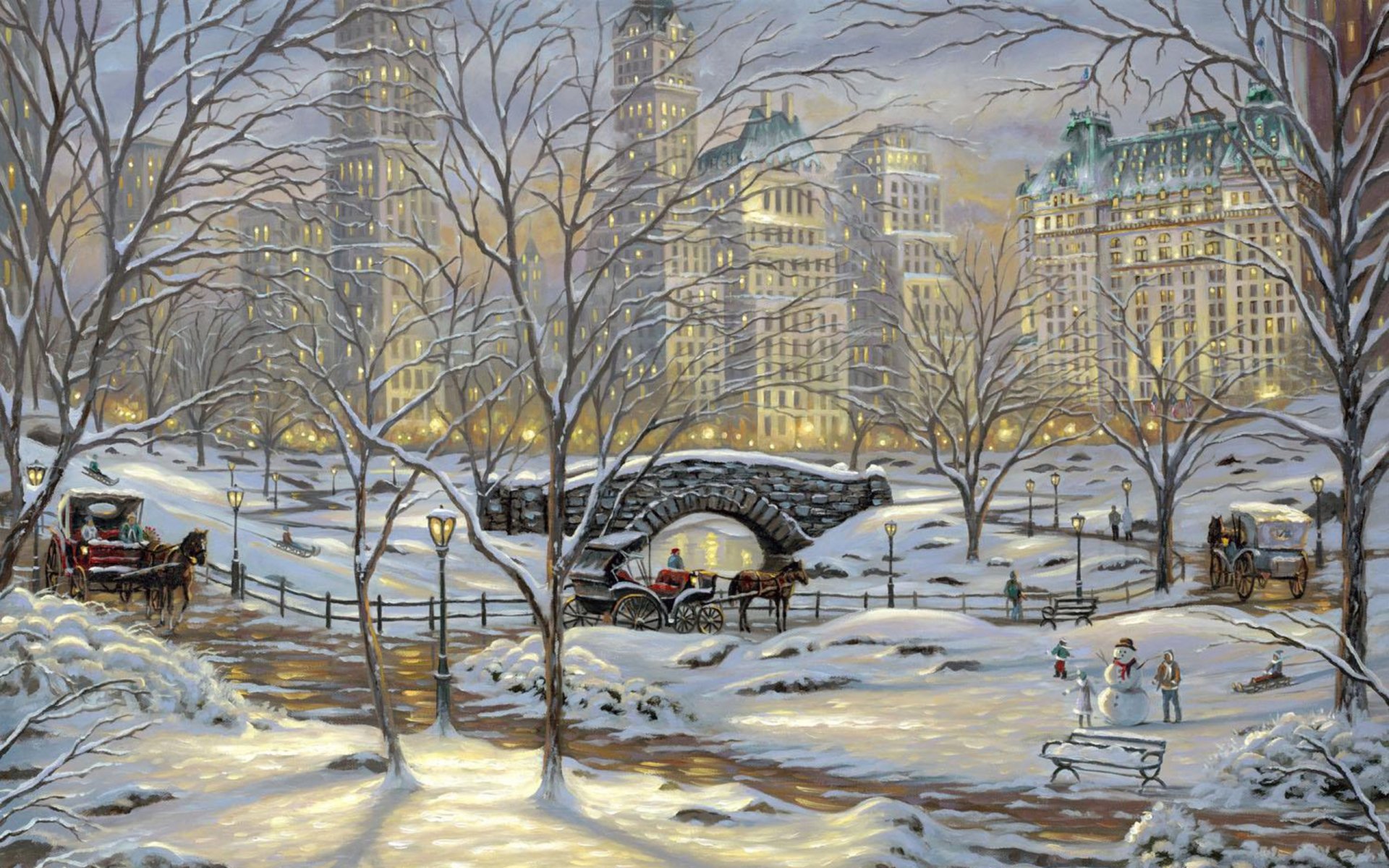 la víspera del invierno robert finale arte pintura puente río nieve invierno invierno rascacielos parque muñeco de nieve banco caballos caballos carruajes linternas luces