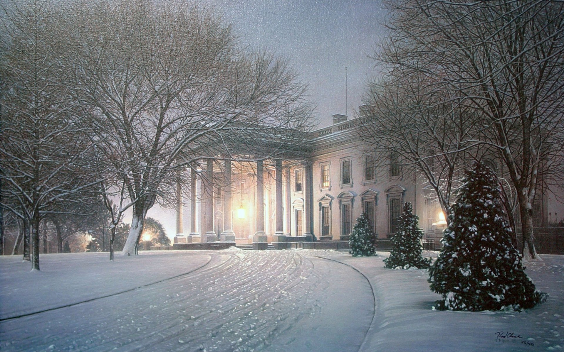 casa america rod chase pittura albero di natale sera alleggerimento neve inverno inverno casa villa maniero parco alberi alberi di natale luce illuminazione pittura pittura disegno disegni arte