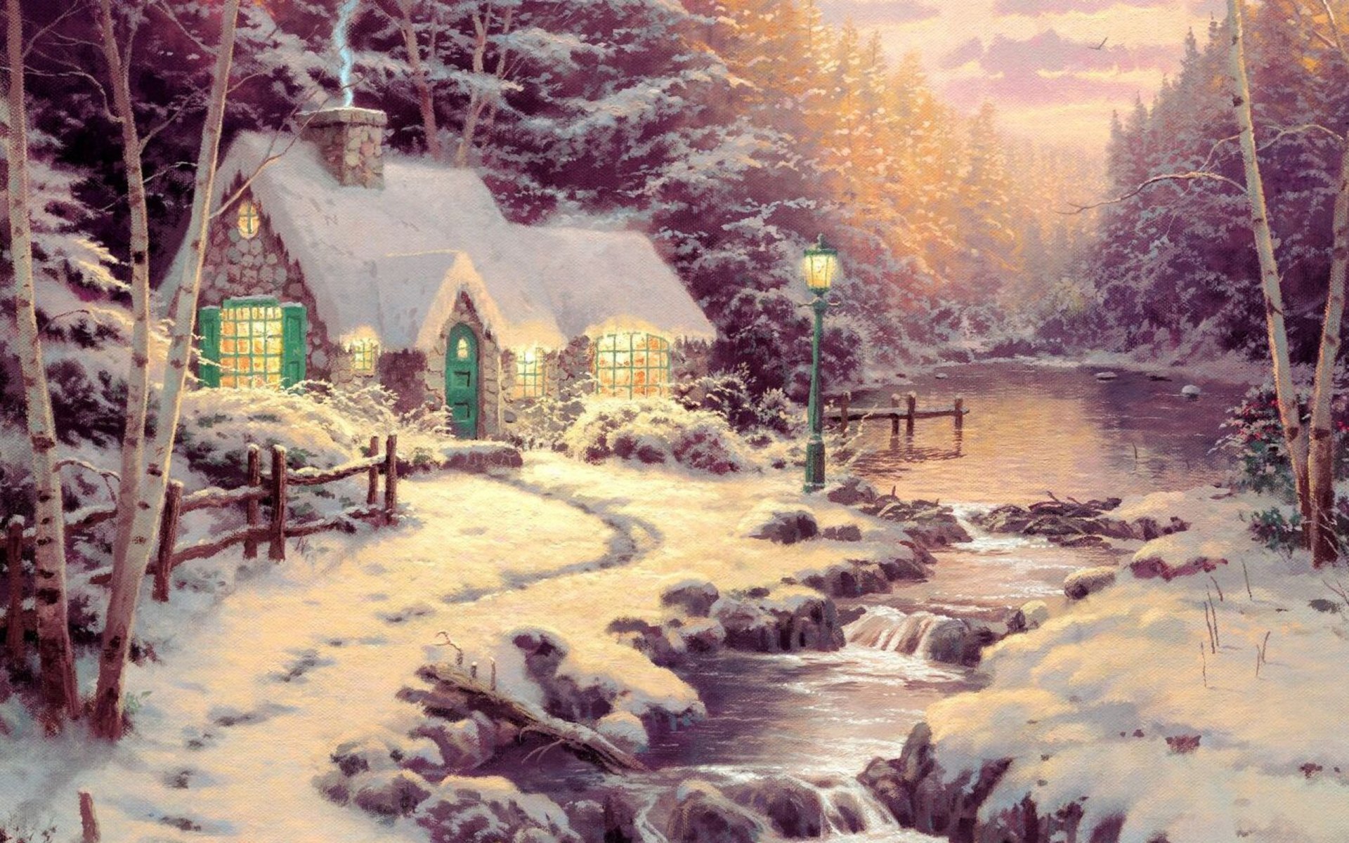 thomas kincaid abendglühen malerei kunst ferienhaus wald winter schnee fluss abend malerei abendlicht winter fichte