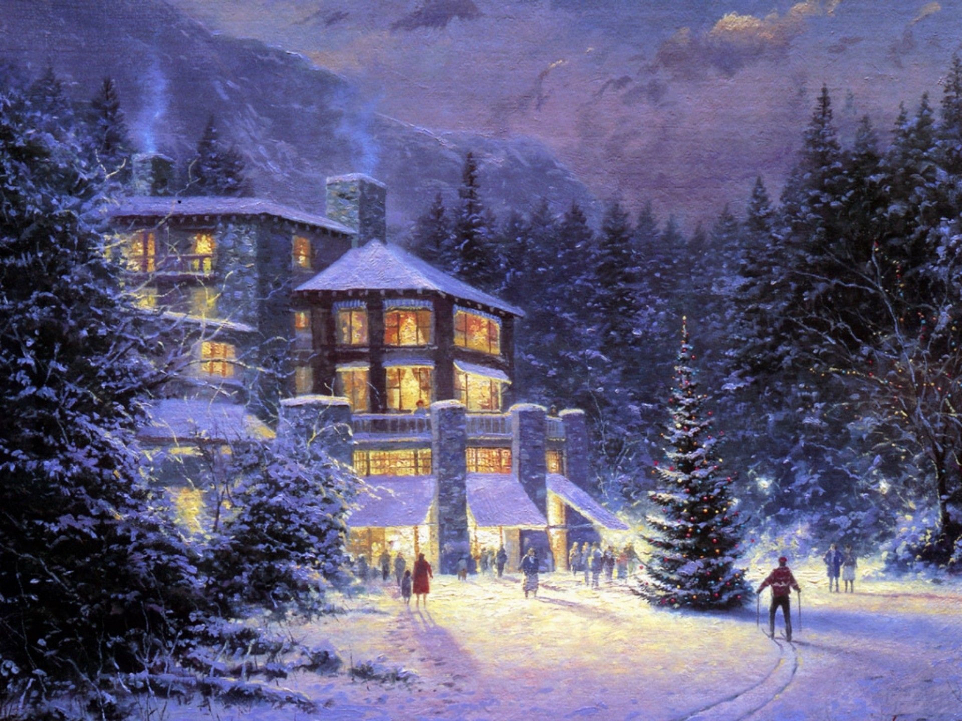 winter holiday pattern christmas at the ahwahnee christmas thomas kinkade painting hotel skier forest spruce people