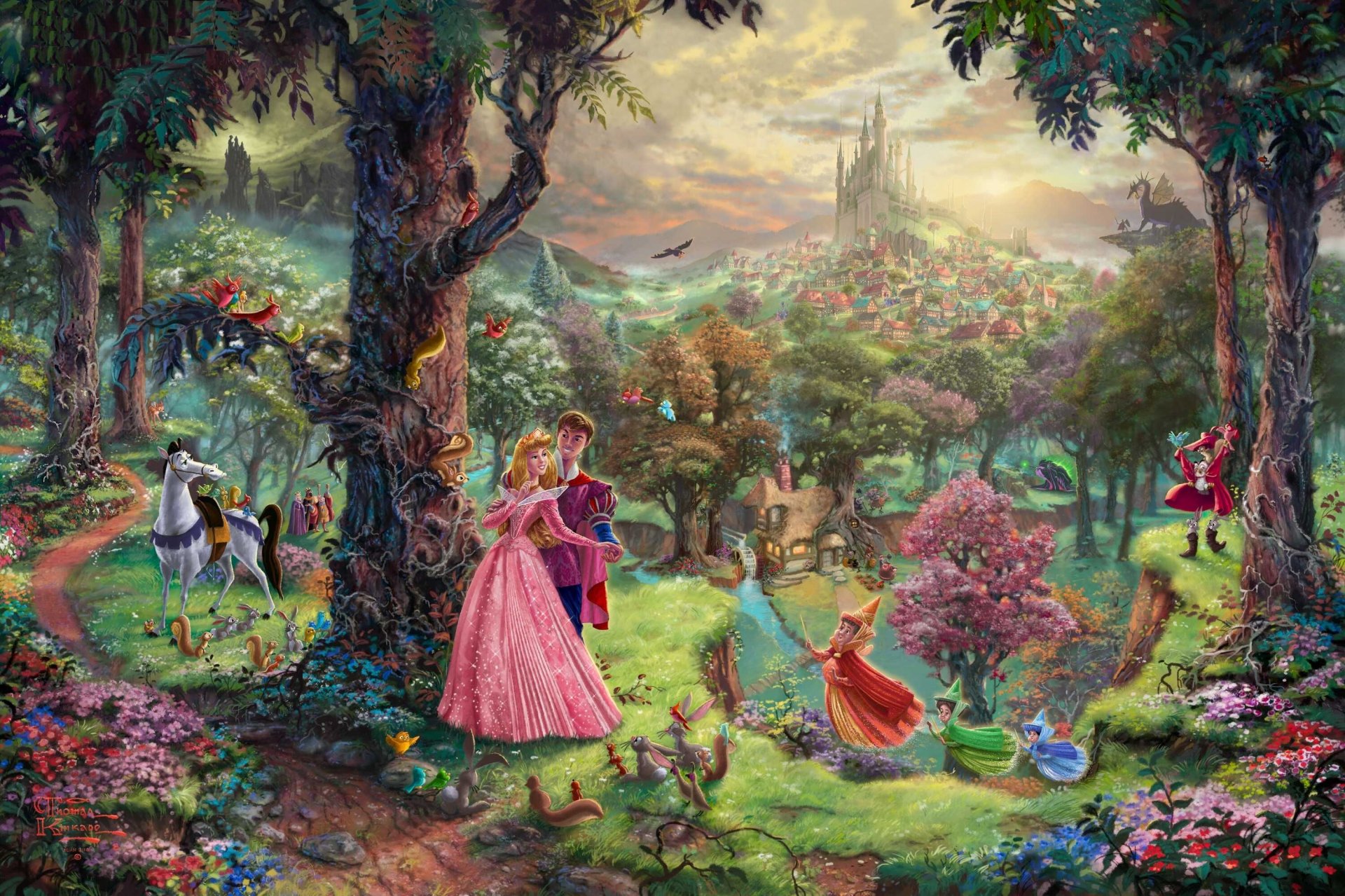 la belle au bois dormant thomas kincaid art peinture film d animation walt disney conte de fées dessin animé personnages château maison forêt parc arbres dragon