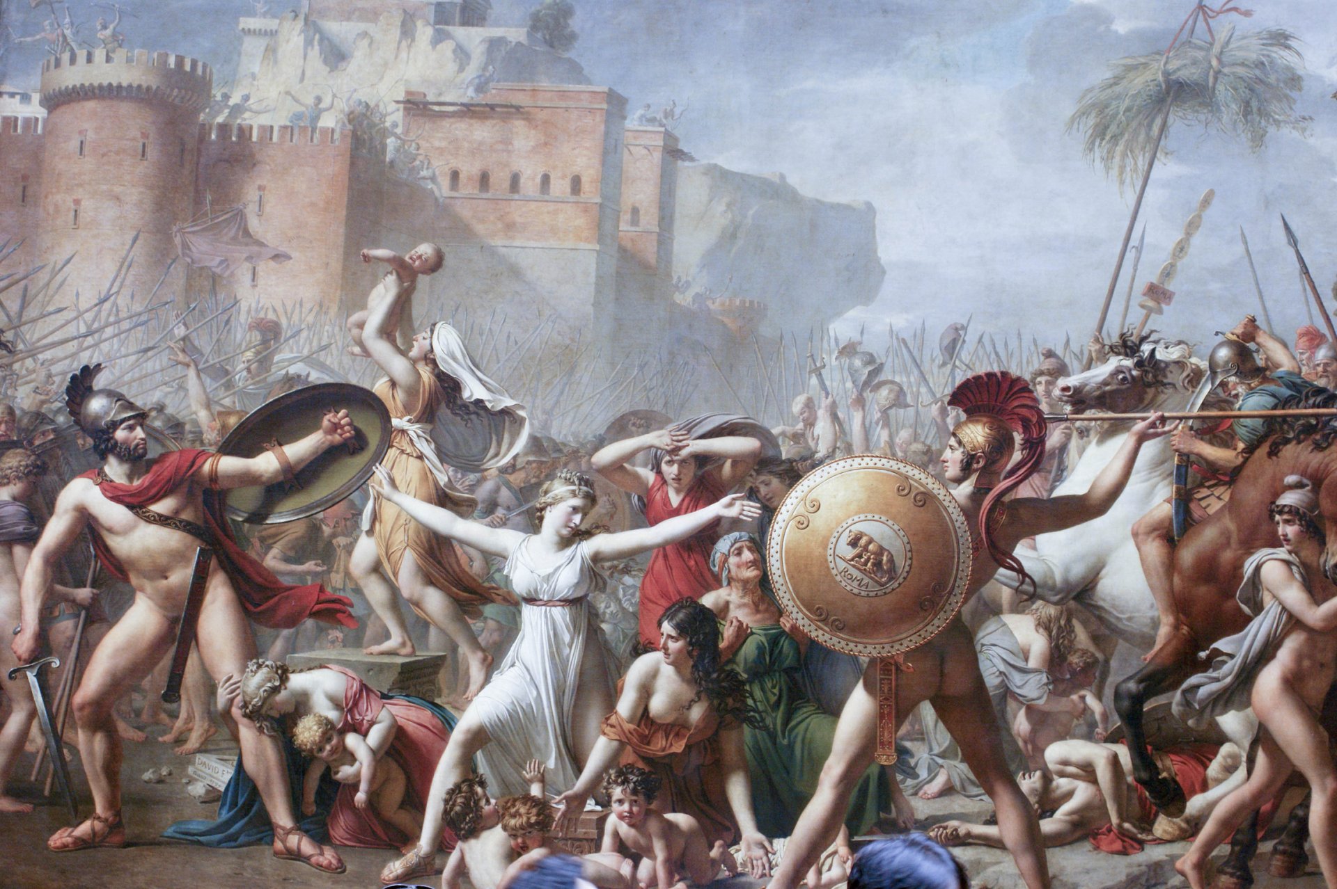 roma empires women child neoclassicism artist jacques louis david sabine women empire rome men sword shield spear enmity children warriors army the central female character of the painting is hersilia Romulus wife previously abducted